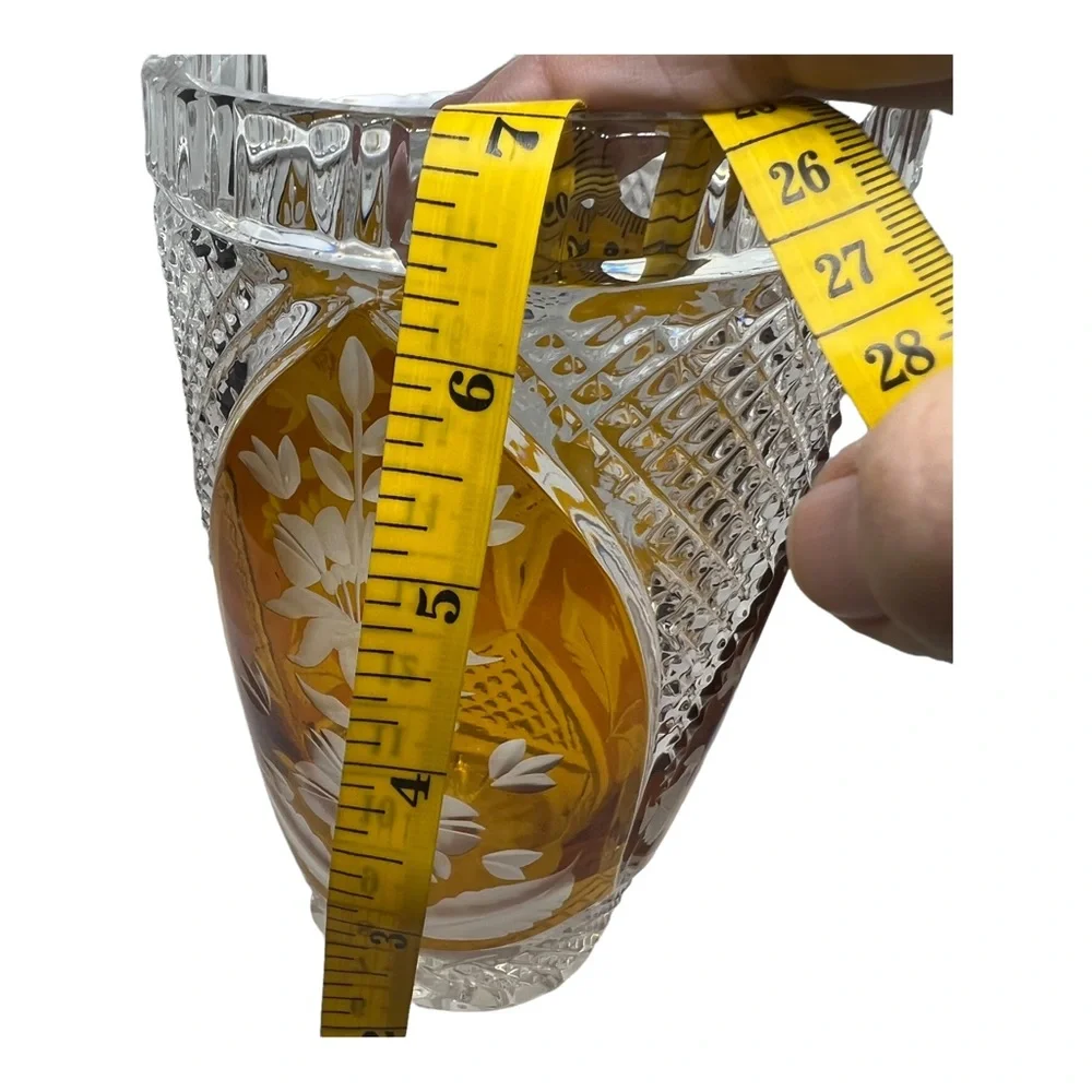 Czech Amber Crystal Three Panel Vase MCM Elegant Glass Vase